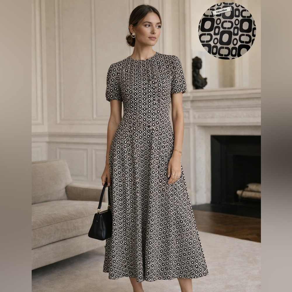 S Max Mara Geometric Printed Silk Midi‎ Dress